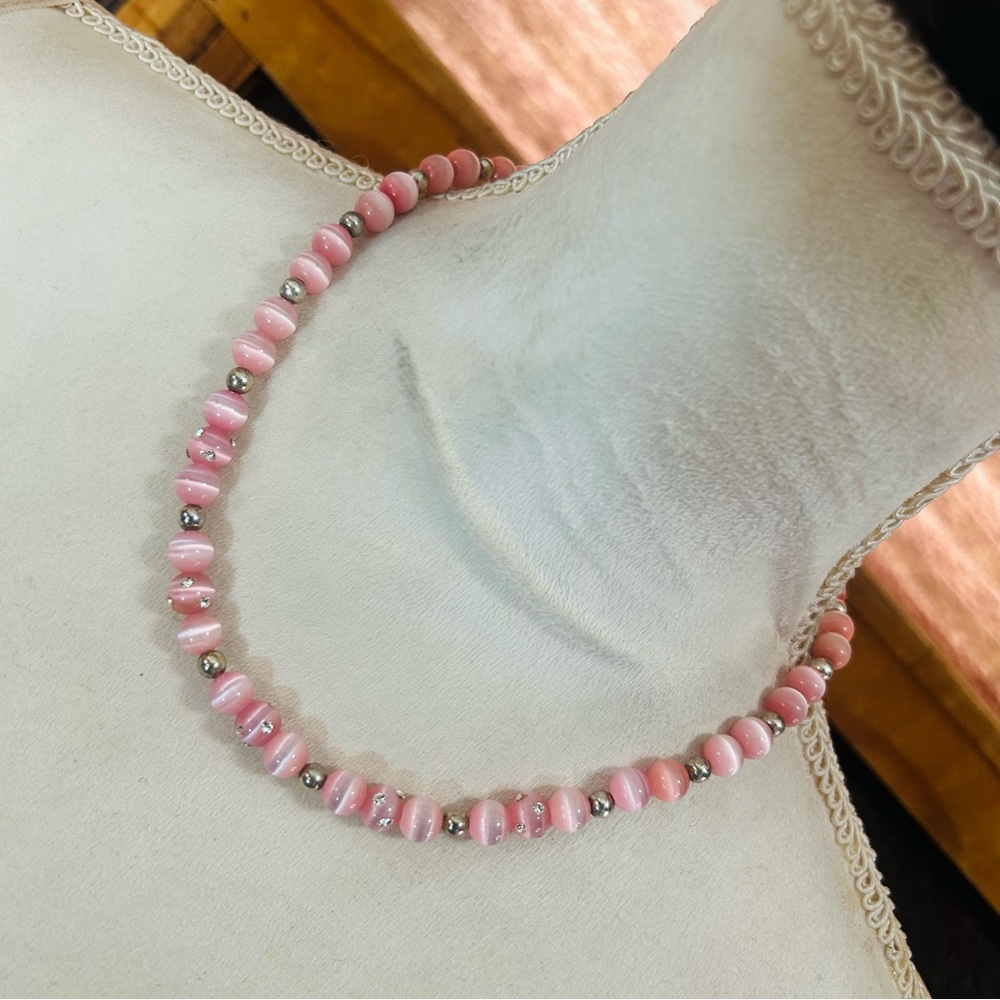 Handcrafted vintage pink cat eye glass bead necklace